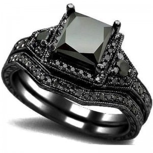 Hongde Black Onyx Banphrionsa Gearr Comóradh Bainise Fáinne Bridal Diamond do bhean le fear